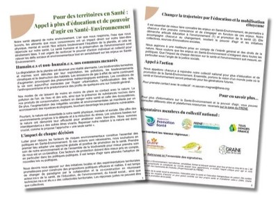 Manifeste "Pour des territoires en Santé : Appel à plus d'éducation et de pouvoir d'agir en Santé-Environnement"